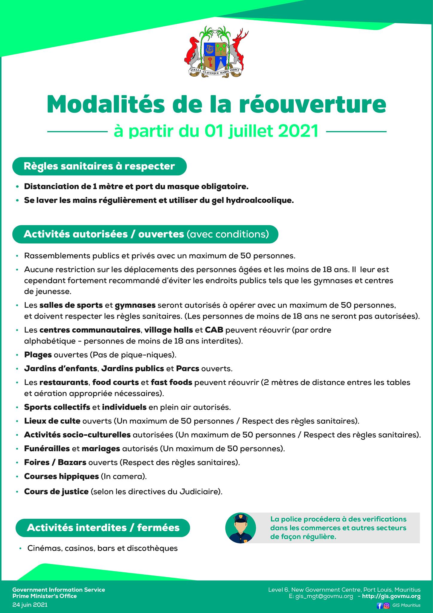 Le Premier ministre, M. Pravind Kumar Jugnauth, a annoncé hier soir, dans une allocution télévisée sur la Mauritius Broadcasting Corporation, l'assouplissement des restrictions à l’île Maurice à partir du 1er juillet 2021.
